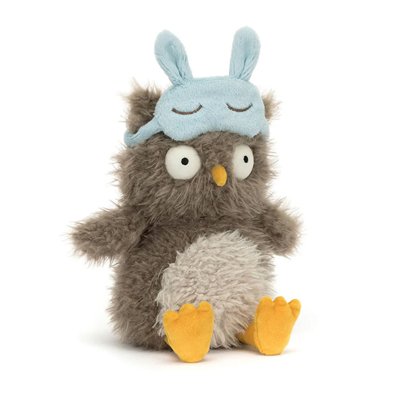 Owl soft toy with bluw sleep mask on
