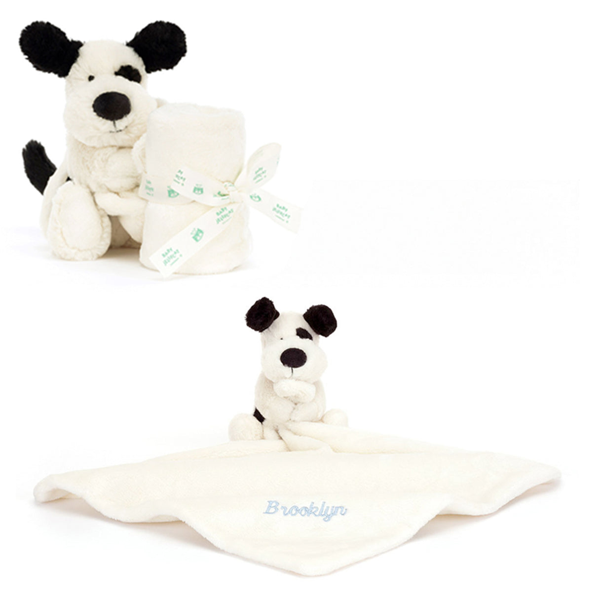 Two plush baby dog soother toys with black ears and black noses on white backgrounds