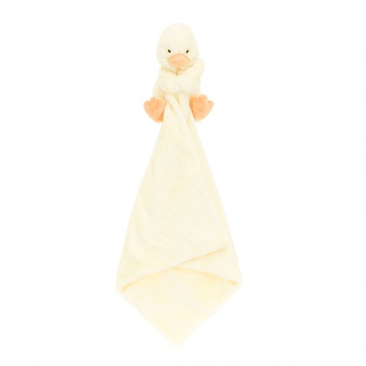 Yellow plush duck baby soother toy on a white background