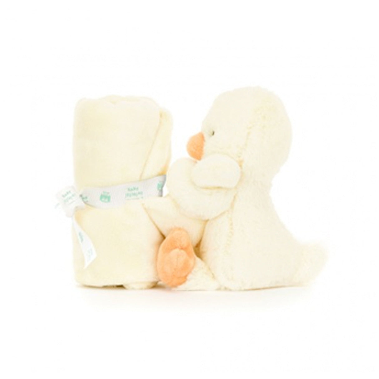 Yellow plush duck baby soother toy on a white background