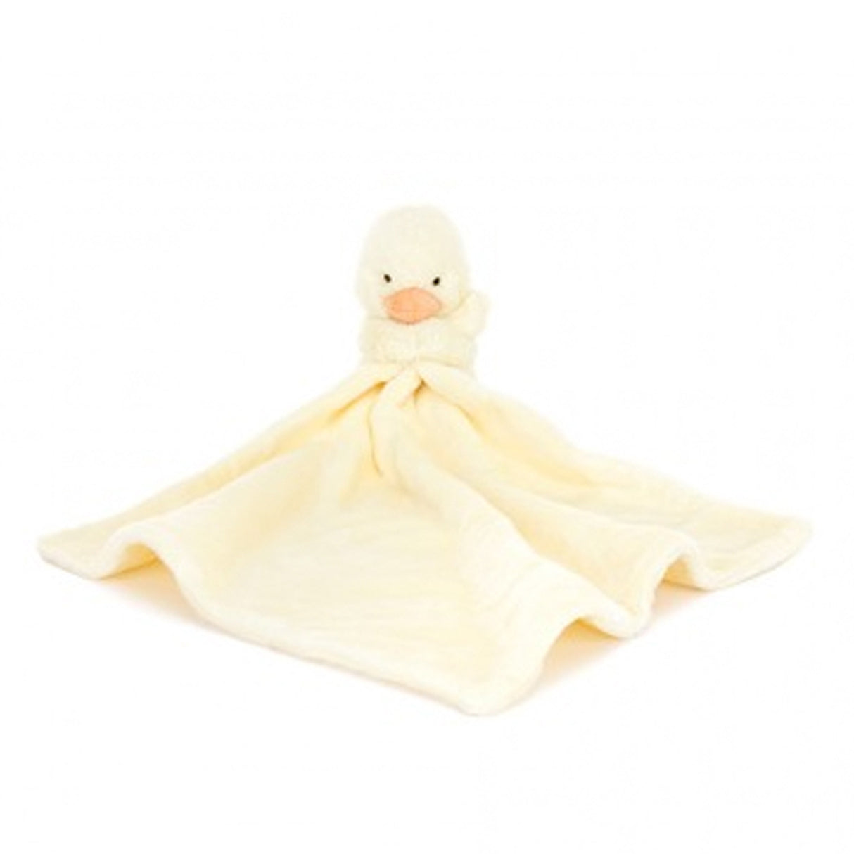 Yellow plush duckling baby soother toy on a white background