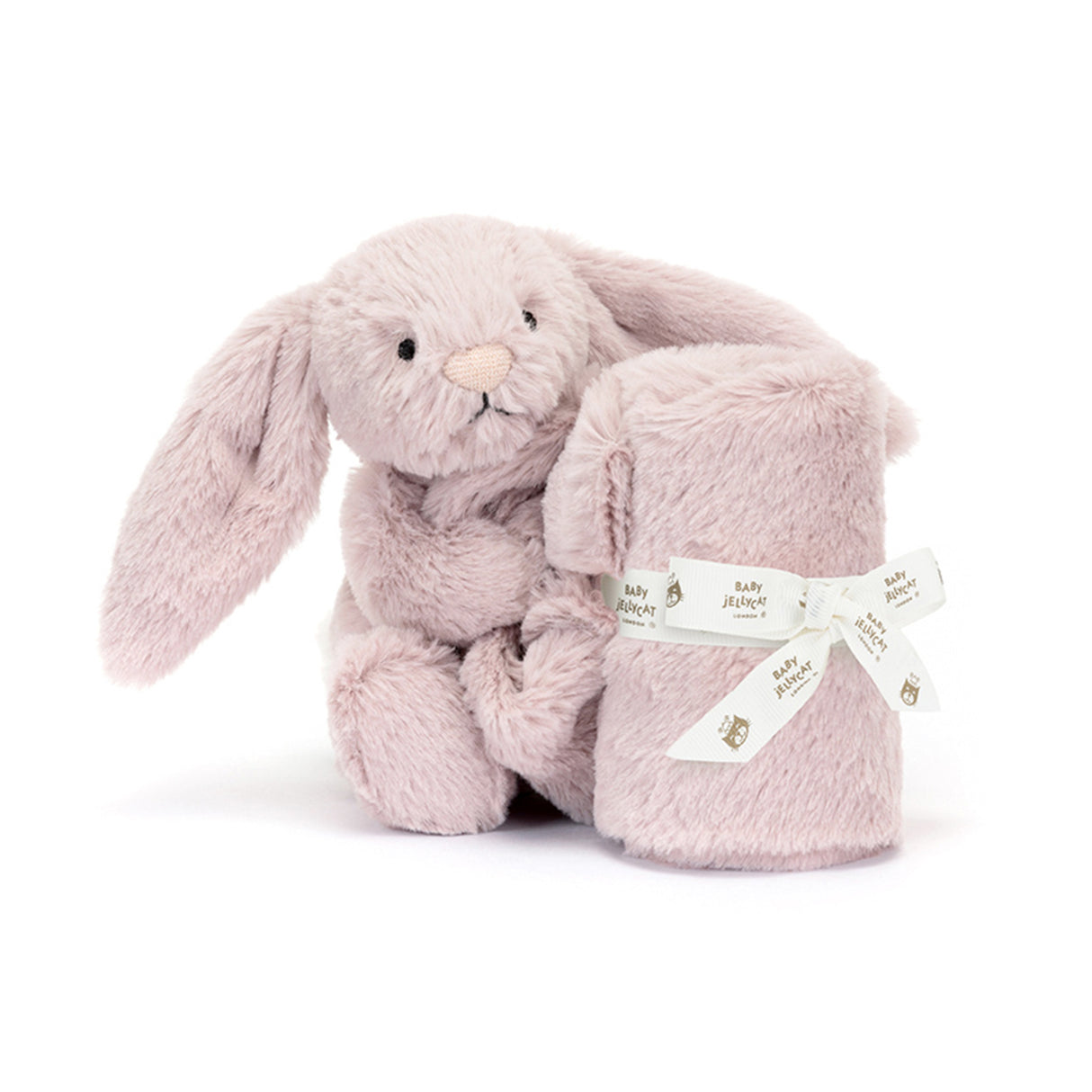 Fluffy pink bunny with matching blanket on a white background