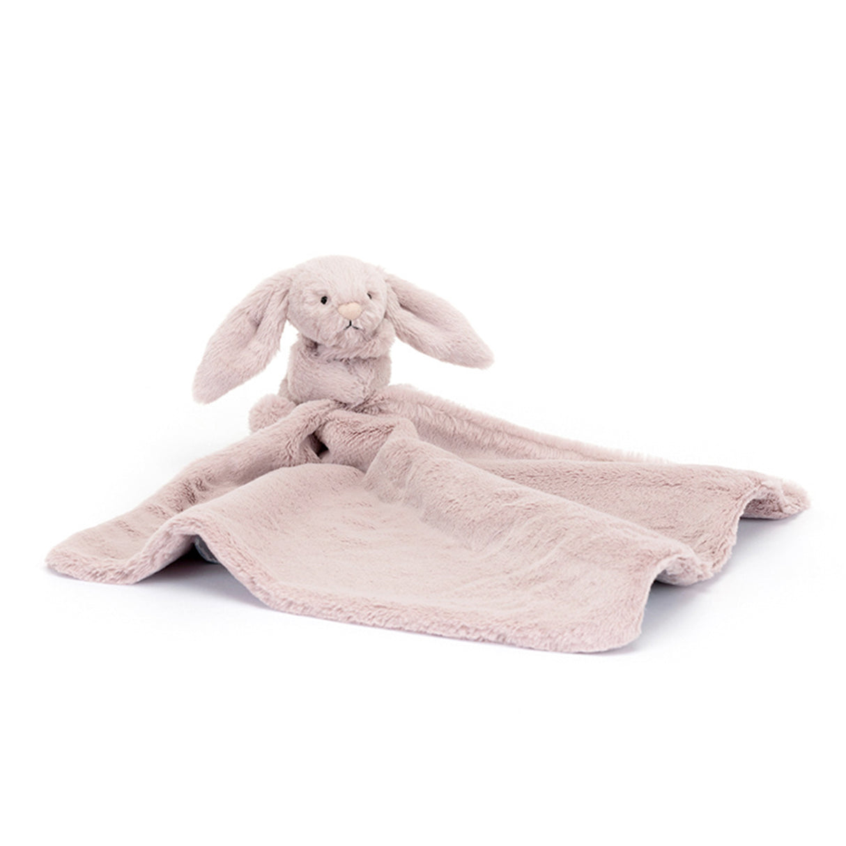 Pink plush bunny with blanket on a white background