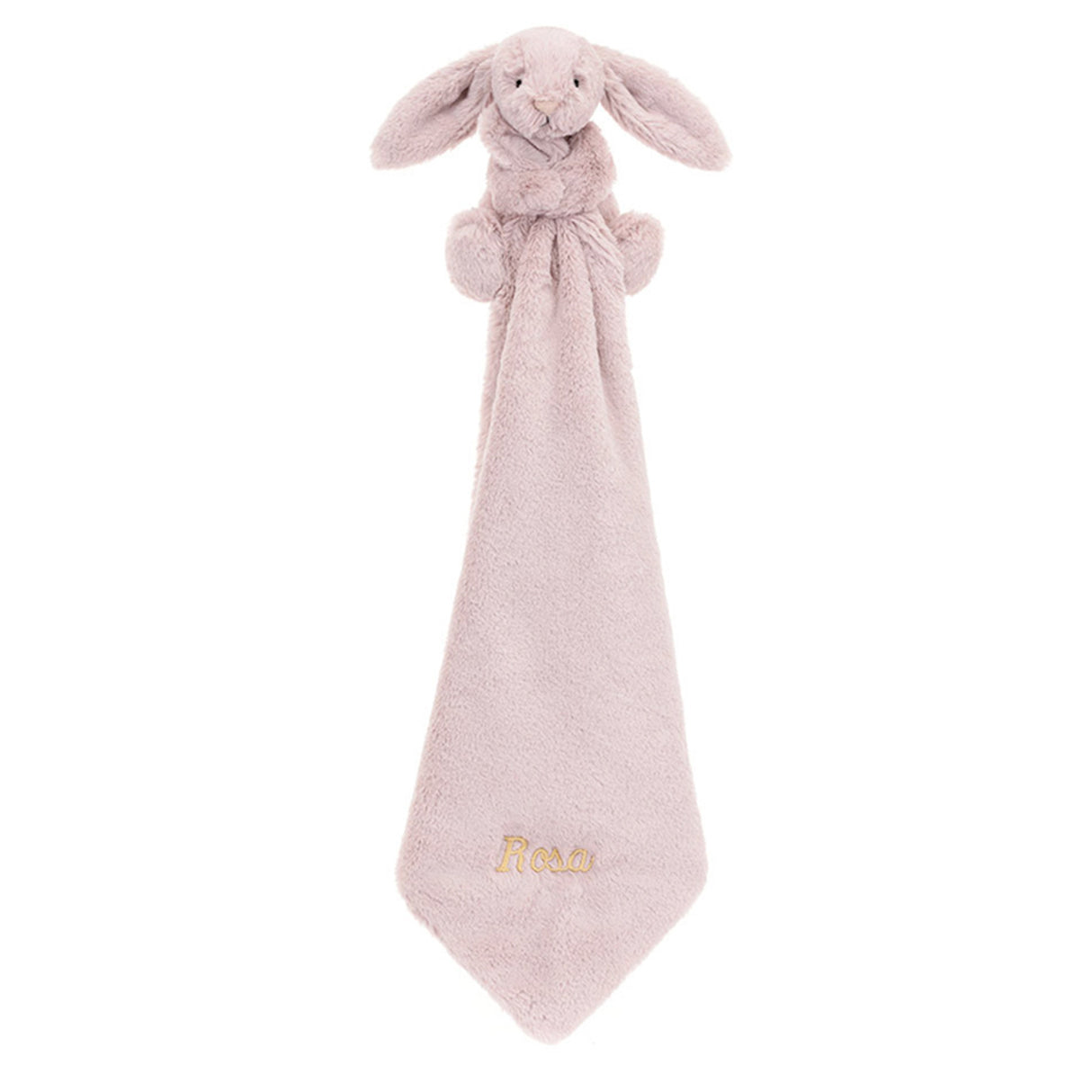 Rose pink plush bunny baby soother blanket on a white background