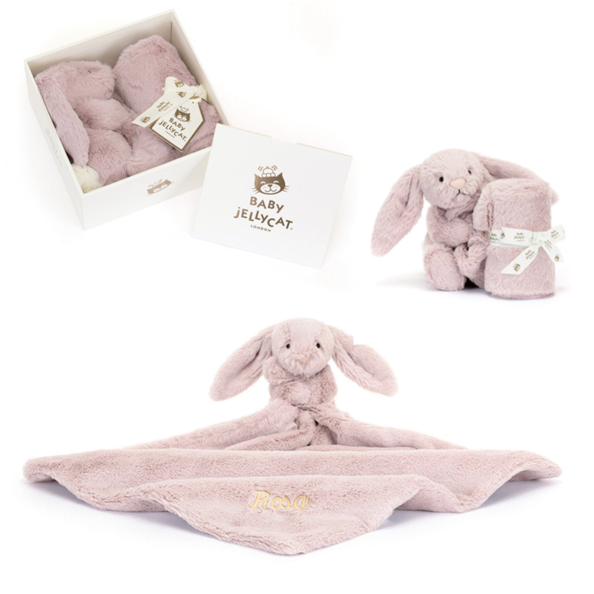 Set of pink plush toys with 'Baby Jellycat' branding on a white background