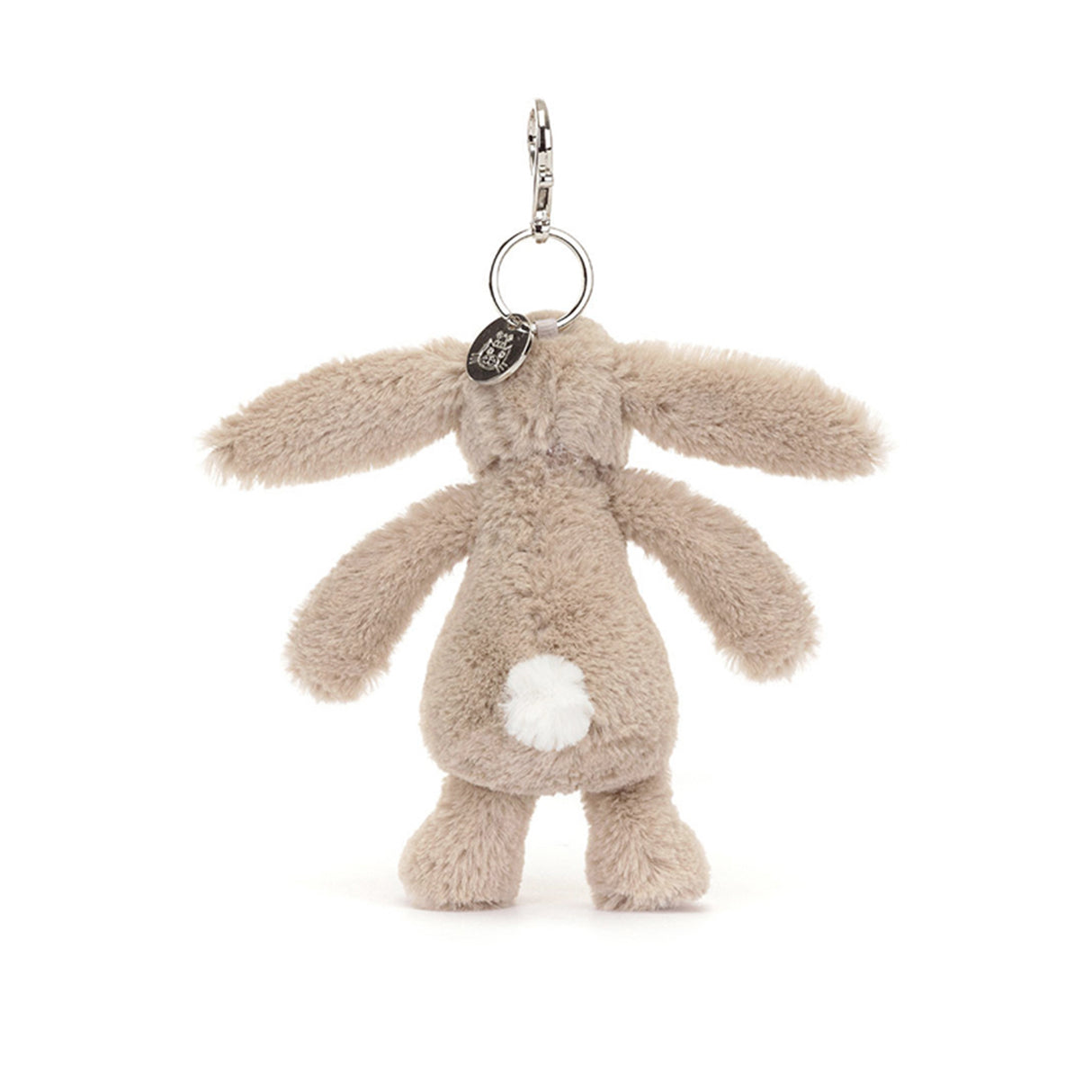Plush bunny keychain with a tag on a white background