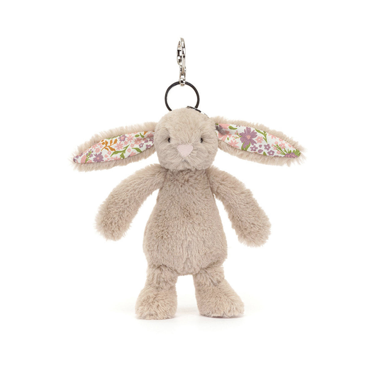 Plush bunny keychain with floral ears on a white background