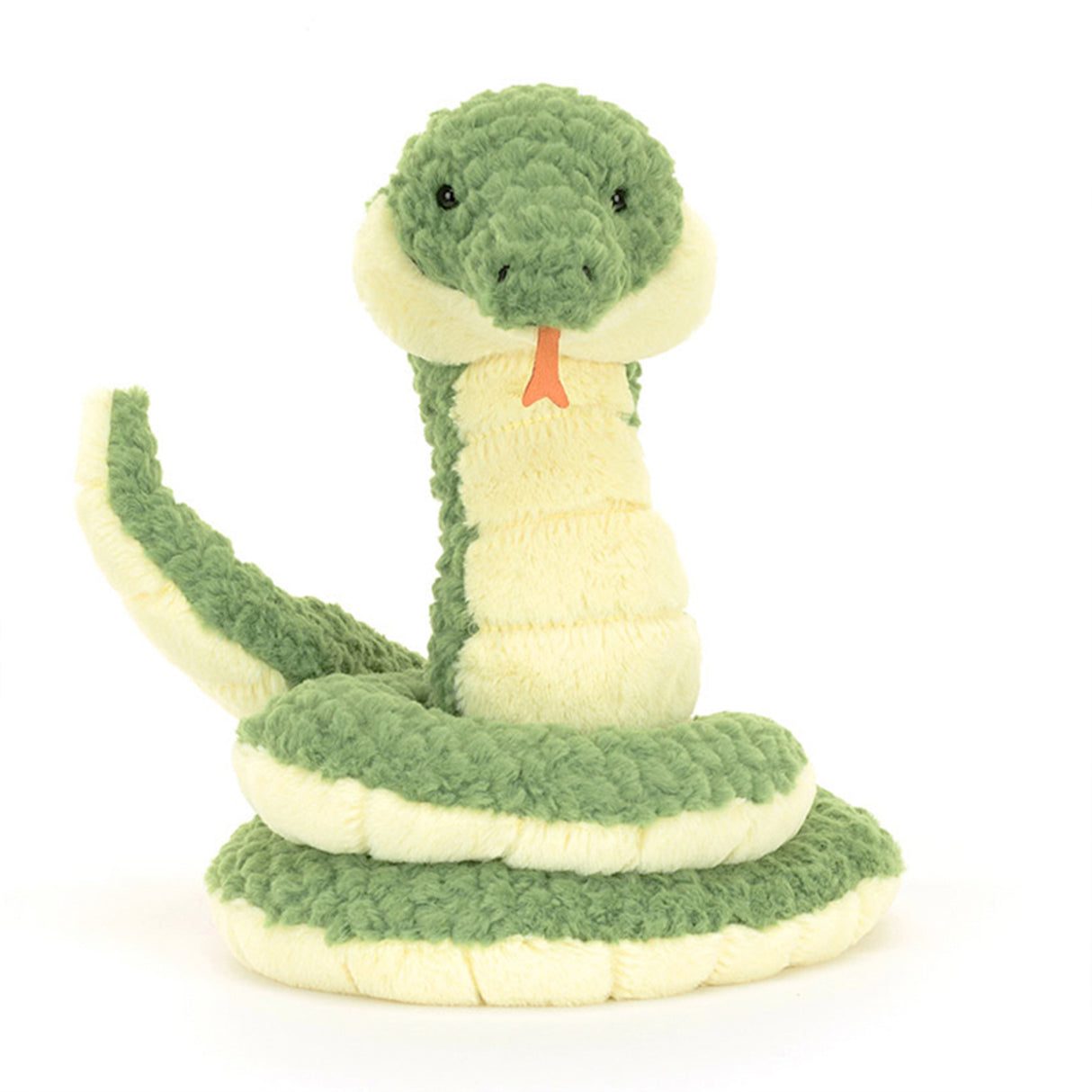 Jellycat plush snake toy with green body and cream head on a white background