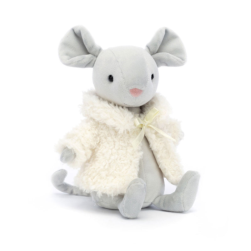 A plush toy depicting a mouse with silver-grey fur, fluted ears, a long curled tail, and a comfy coat with a primrose ribbon.