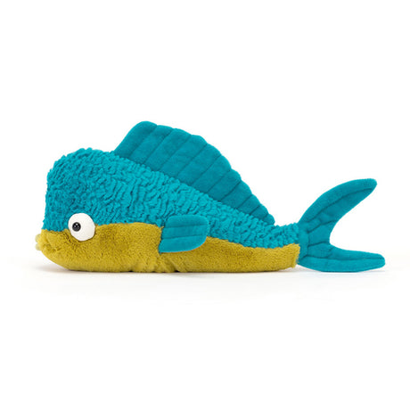 Plush toy resembling a fish with teal body and yellow belly on a white background