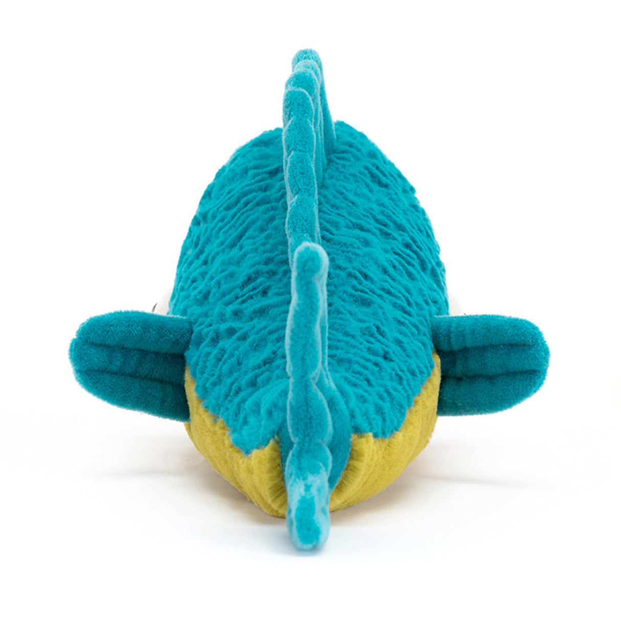 Teal and yellow plush fish toy on a white background