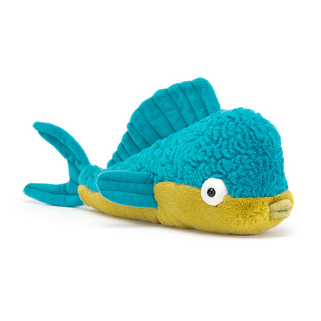 Plush fish toy with teal body and yellow belly on a white background