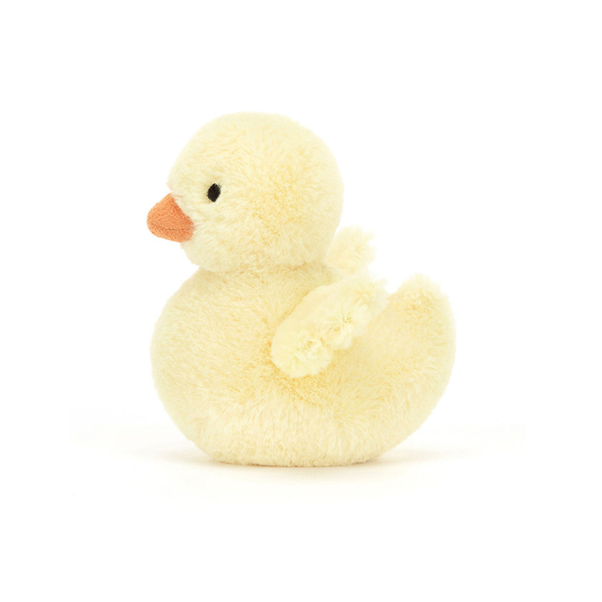 A plush toy representing a pastel yellow fluffy duck with a orange bill and raised tail, waving its wings.