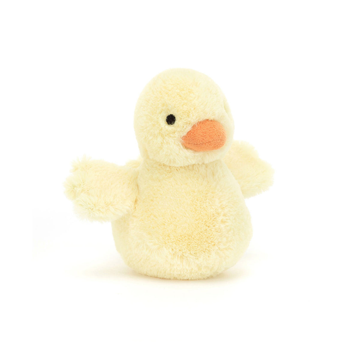 A plush toy representing a pastel yellow fluffy duck with a orange bill and raised tail, waving its wings