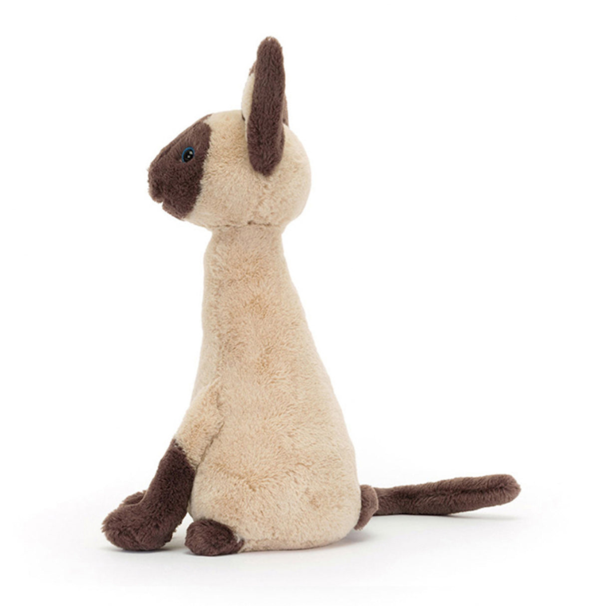 A plush toy resembling a Siamese cat with a beige body, brown ears, and a cocoa mask, sitting upright.
