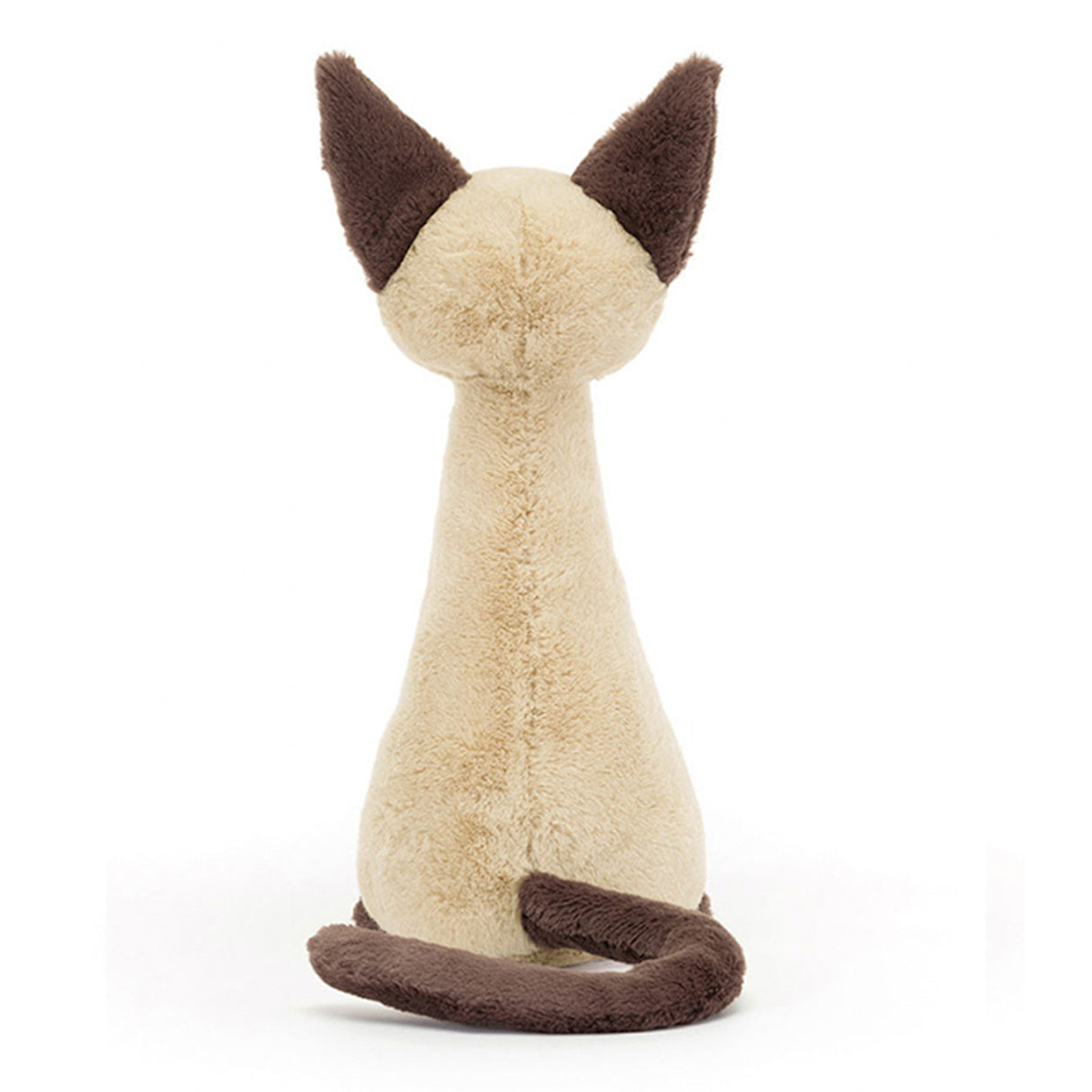 Stuffed animal cat toy with brown ears and tail on a white background