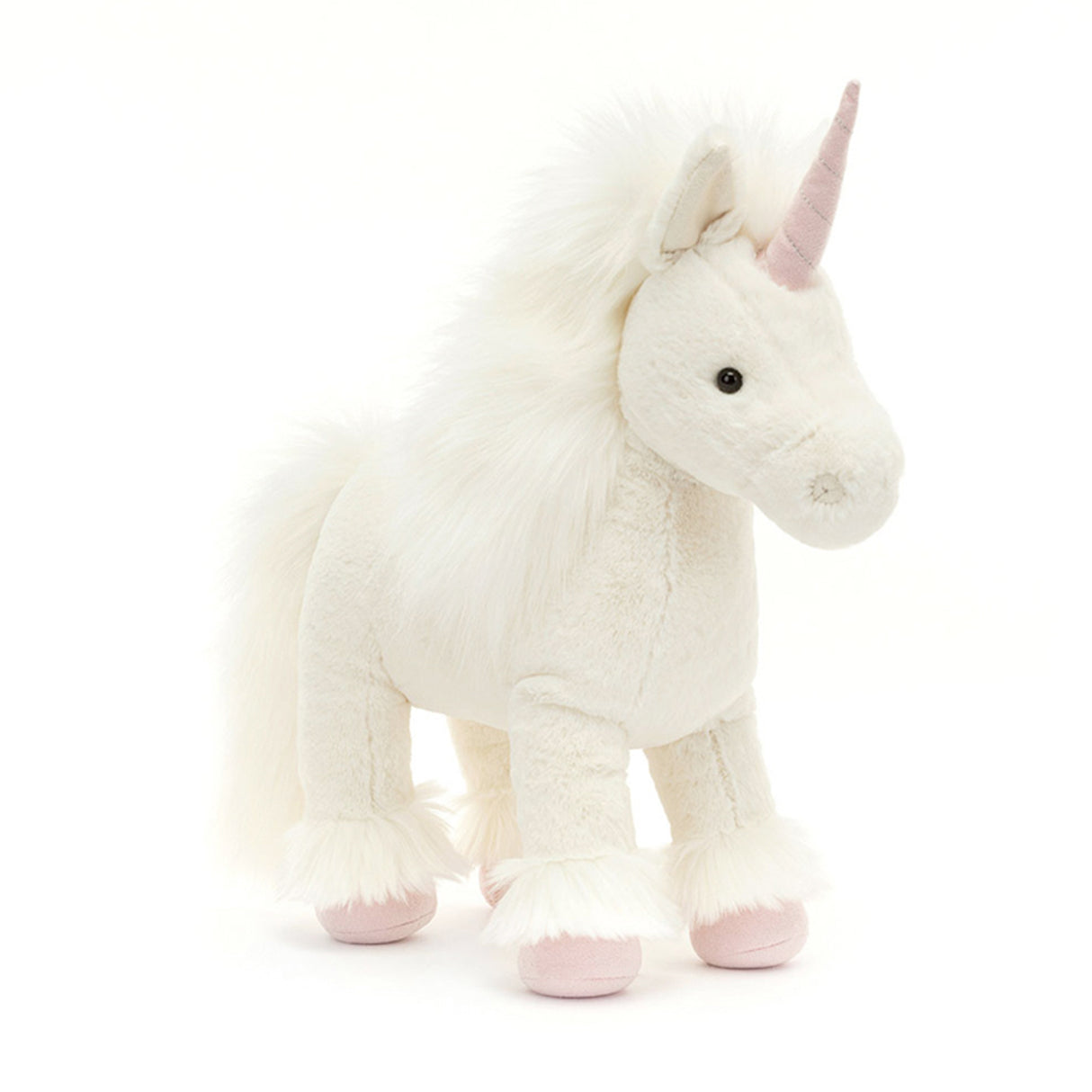 Jellycat White unicorn plush toy with pink hooves and horn on a white background