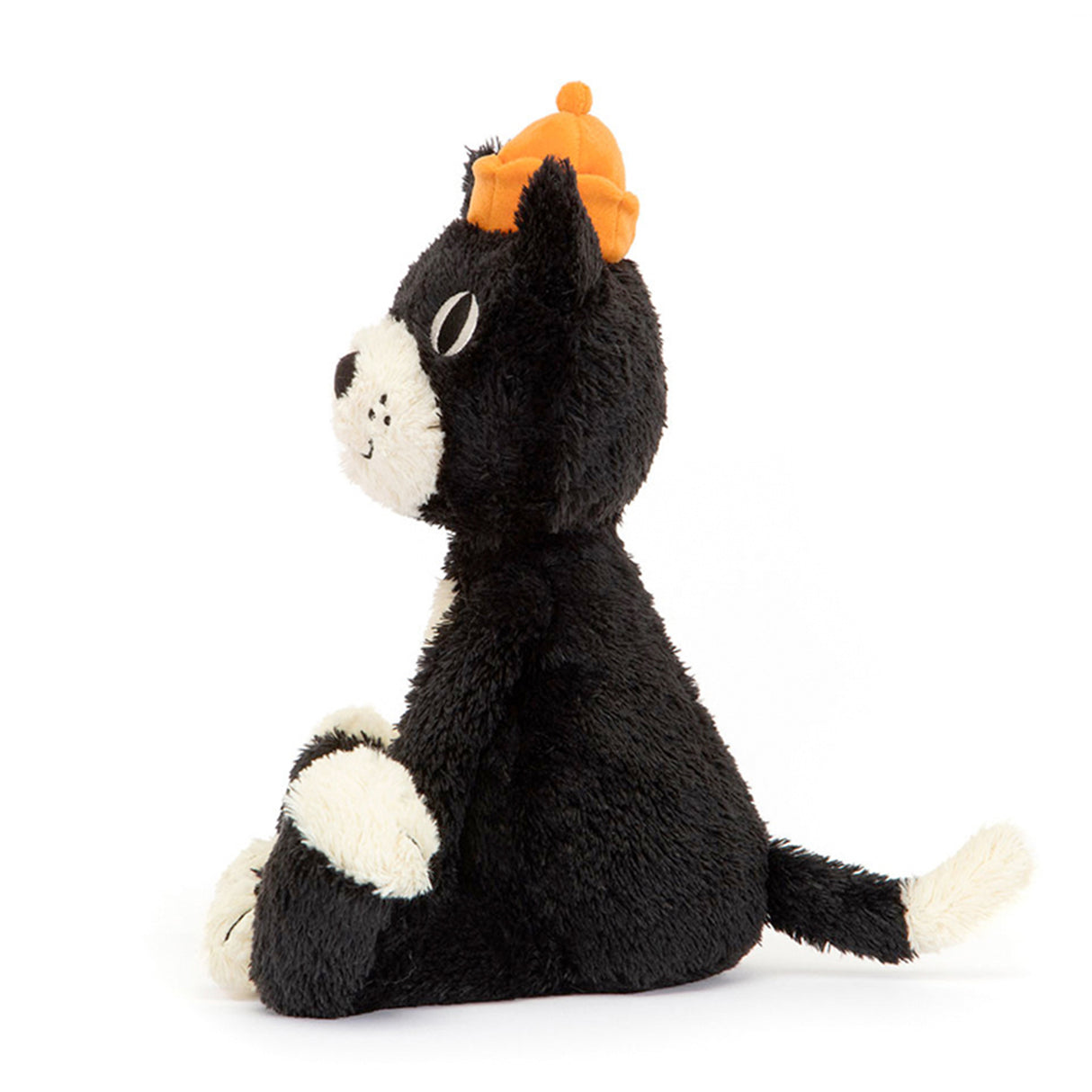 Black plush cat toy with a small orange hat on a white background