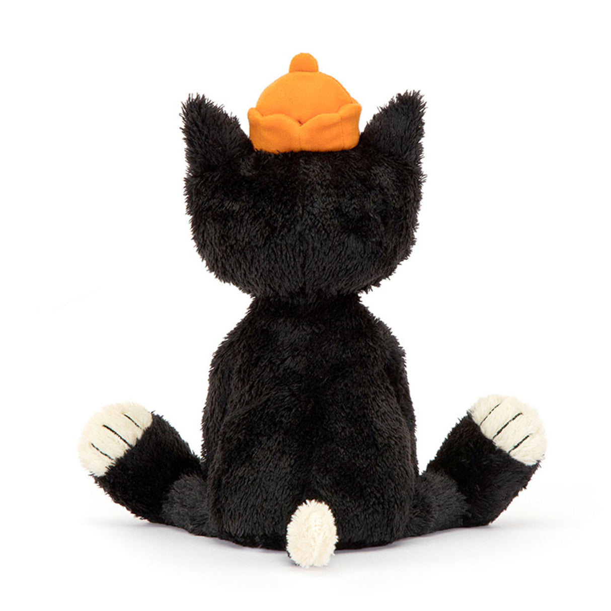 Plush black cat toy with an orange pumpkin hat on a white background
