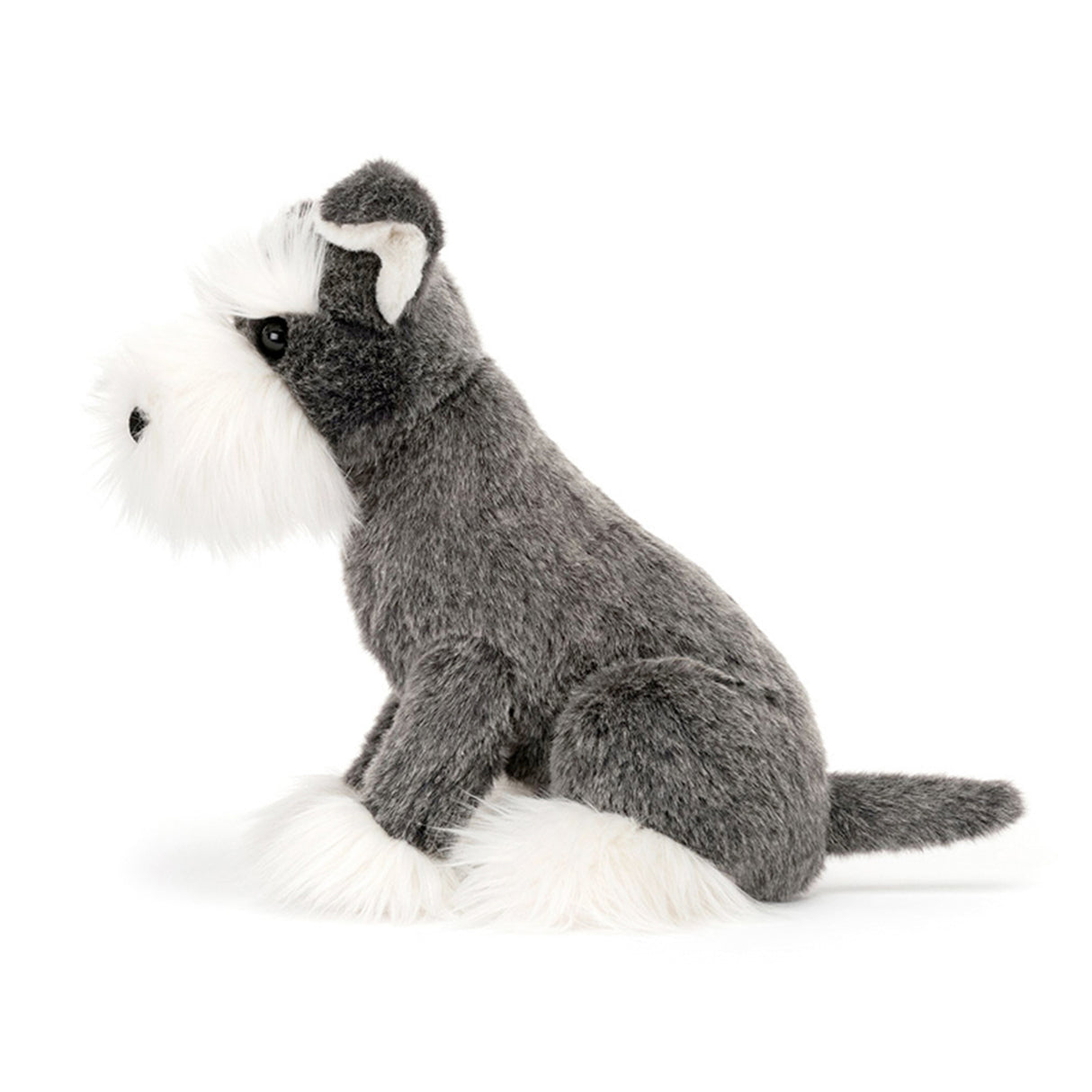 Plush toy dog with gray and white fur on a white background