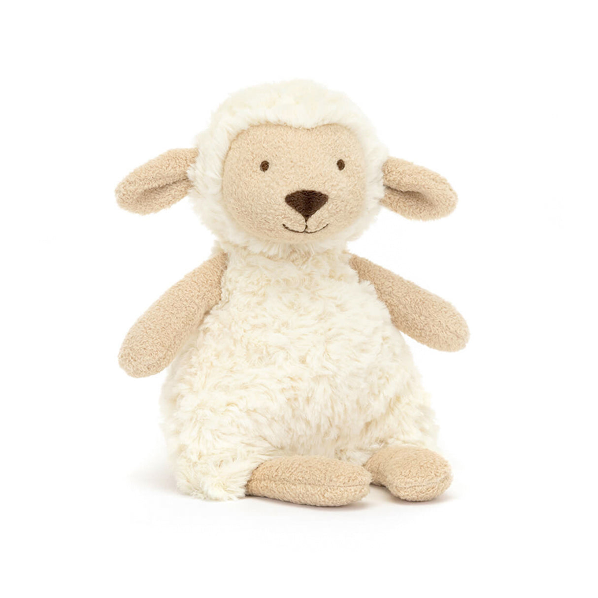 Stuffed toy sheep with white fleece and brown accents on a white background