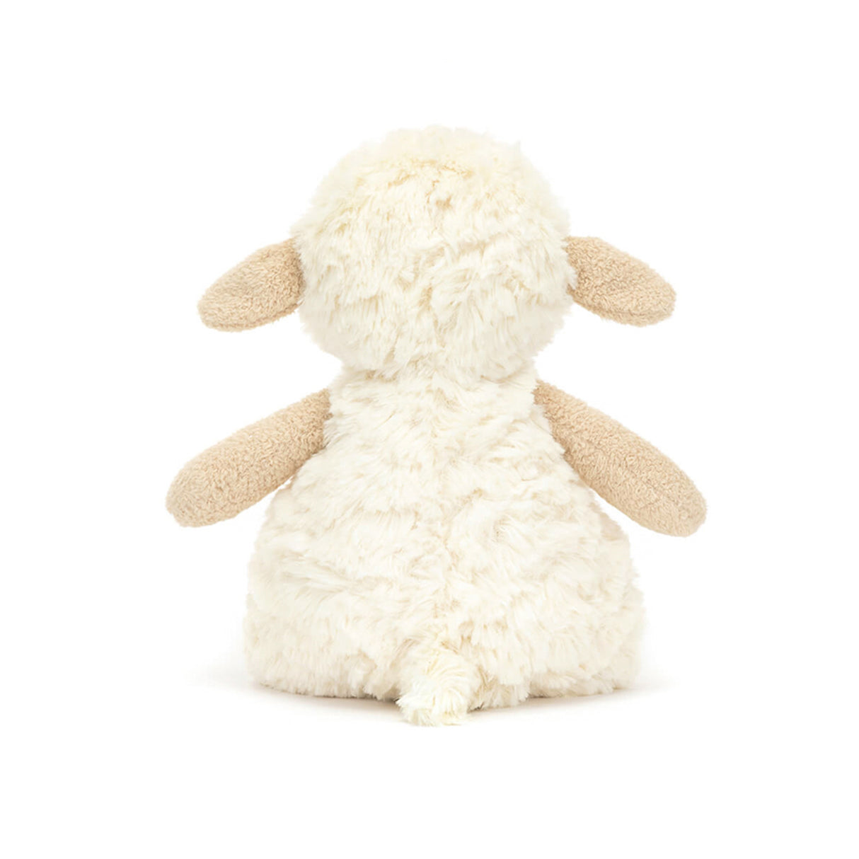 White fluffy toy sheep on a white background