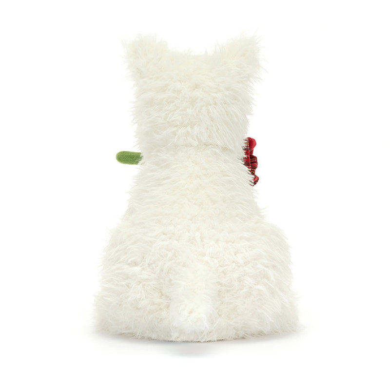 A plush toy depicting a white-coloured dog with a black suedette nose, holding a red tartan rose in its mouth.