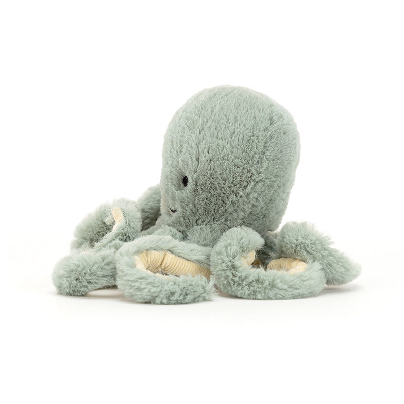 A sea-moss green Jellycat Odyssey Octopus plush toy with eight arms and a smiling face.