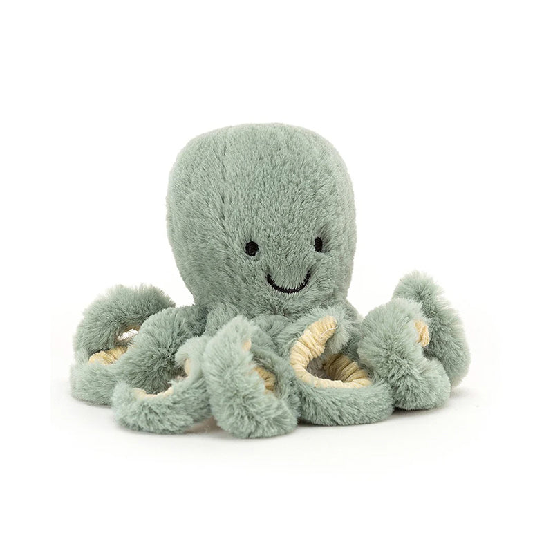 A sea-moss green Jellycat Odyssey Octopus plush toy with eight arms and a smiling face.