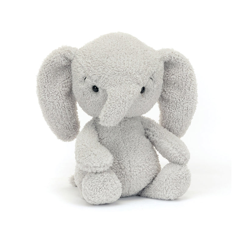 A gray plush toy resembling a baby elephant with short, floppy ears and a soft, chunky head.