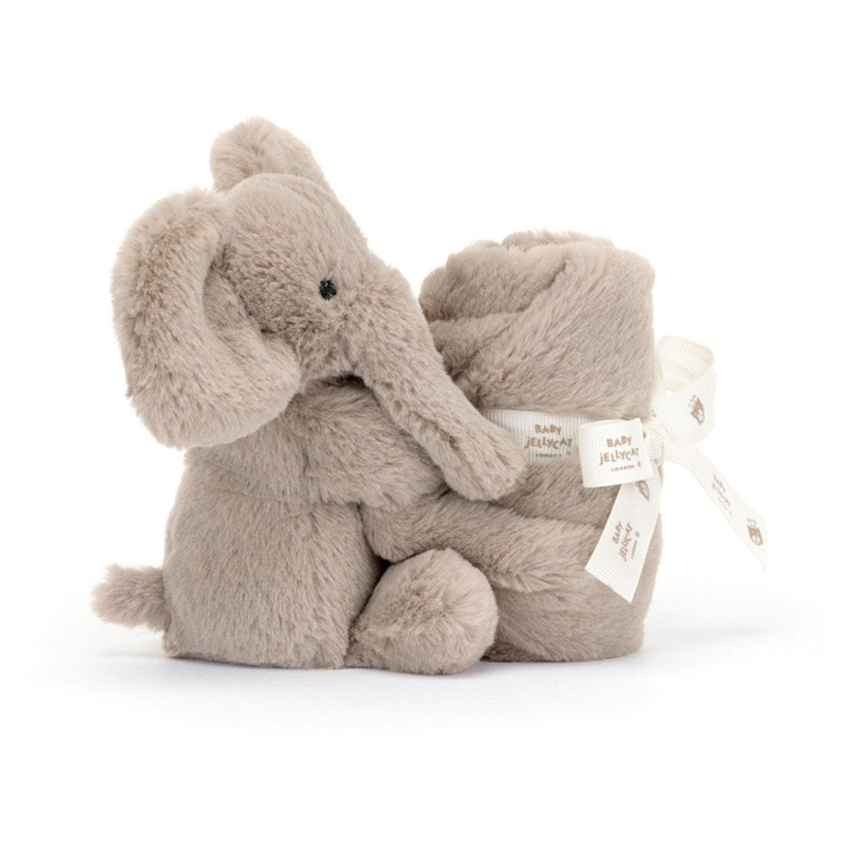 Plush elephant toy with a blanket, branded 'Jellycat', on a white background