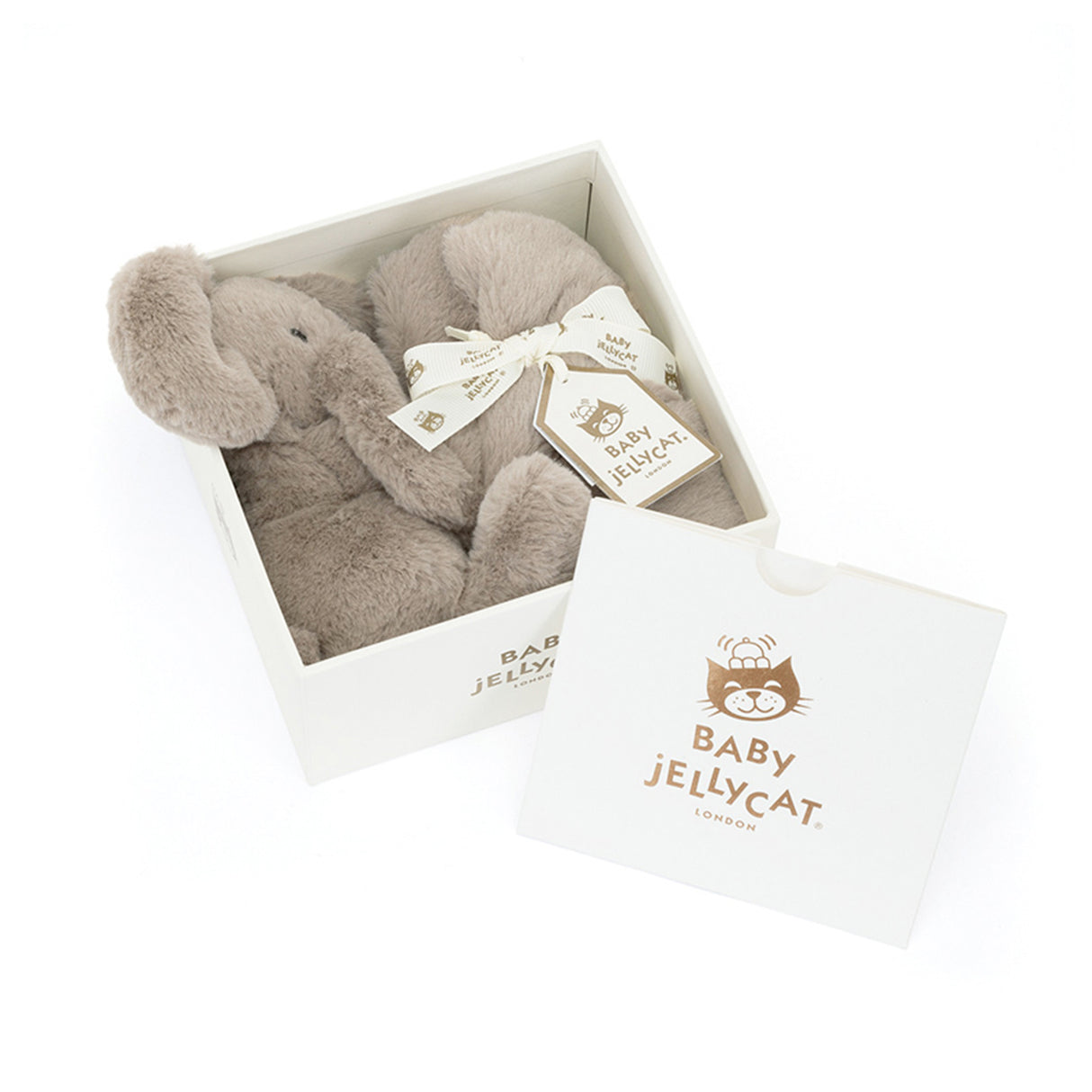 Gray plush toy elephant in a 'Baby Jellycat' box with a matching blanket.