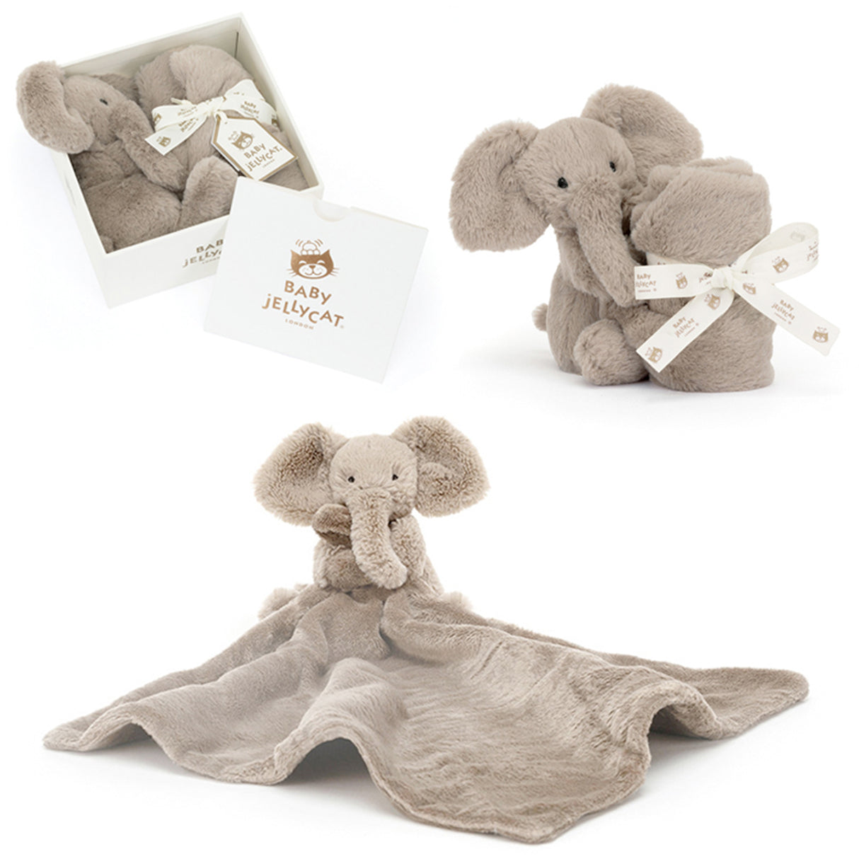 Plush elephant toy soother blanket in gift box on a white background