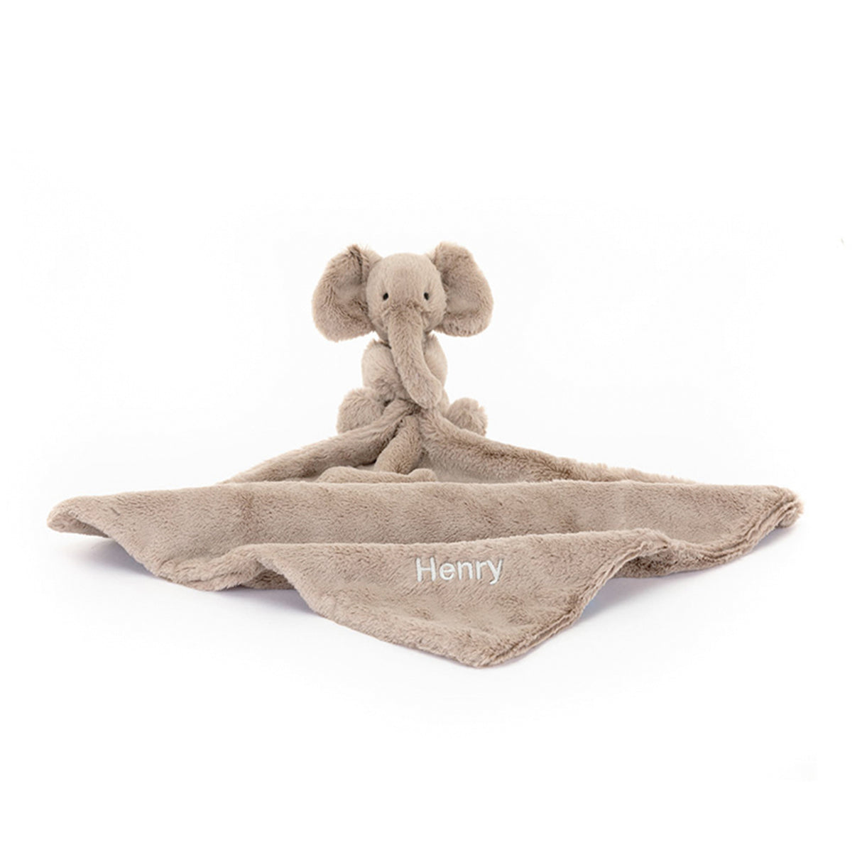 Elephant-shaped plush toy with a blanket, personalised with first name on a white background
