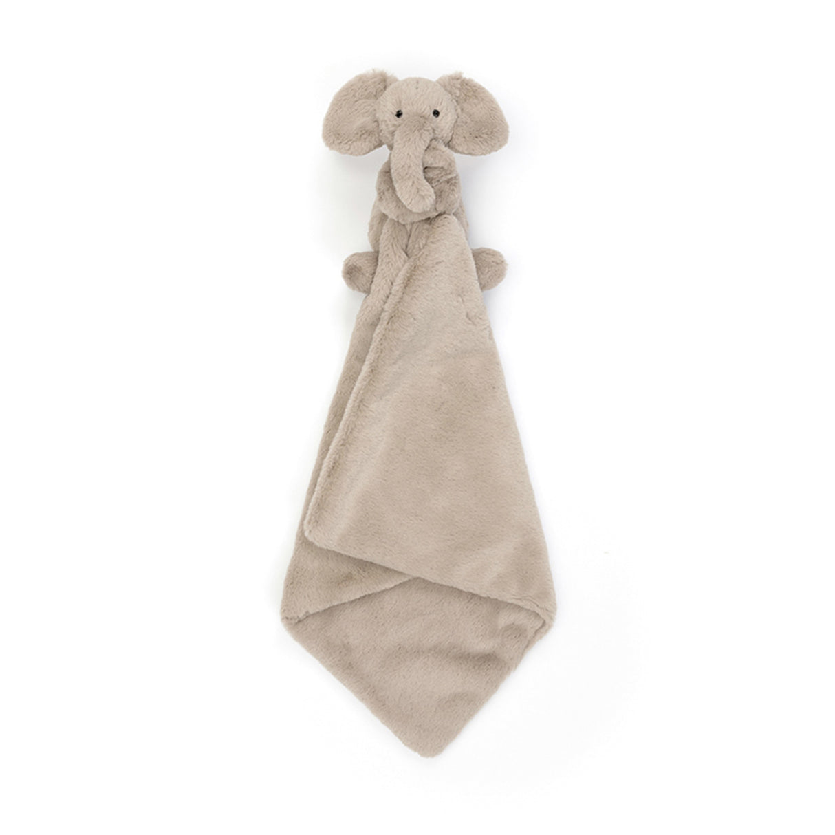 Jellycat Beige plush elephant toy with a blanket on a white background