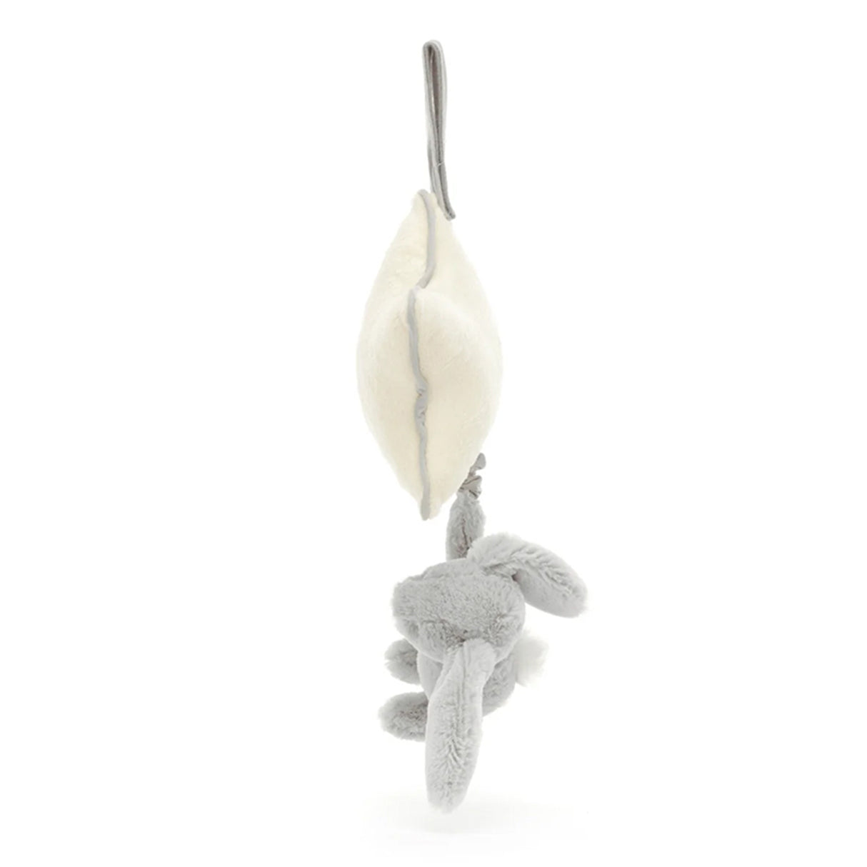 Plush silver bunny musical pull toy with a star-shape on a white background