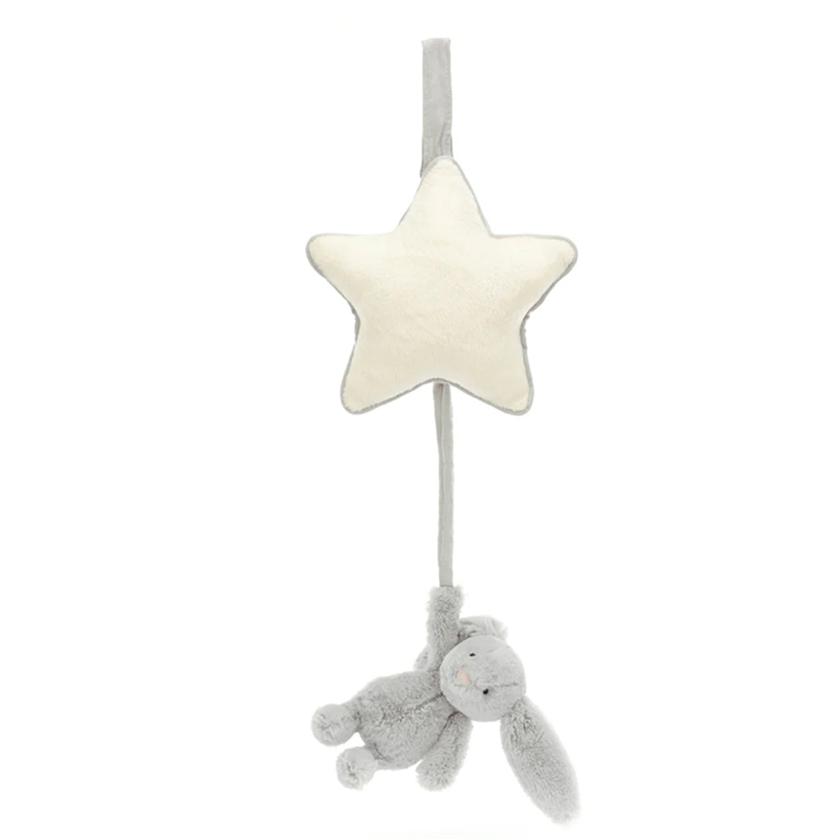 Plush silver bunny musical pull toy with a star-shape on a white background