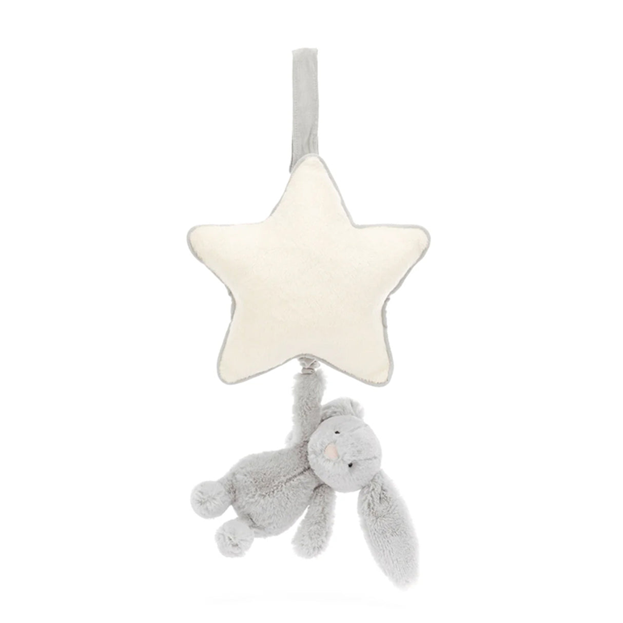 Plush silver bunny musical pull toy with a star-shape on a white background