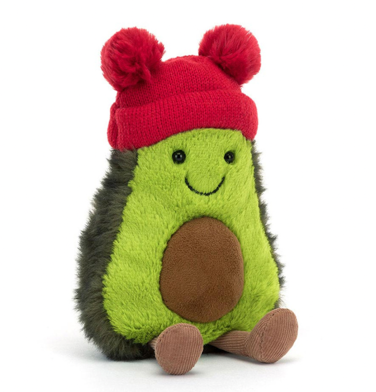 A plush toy resembling an avocado with a green body and brown feet, wearing a red knitted double-bobble hat.