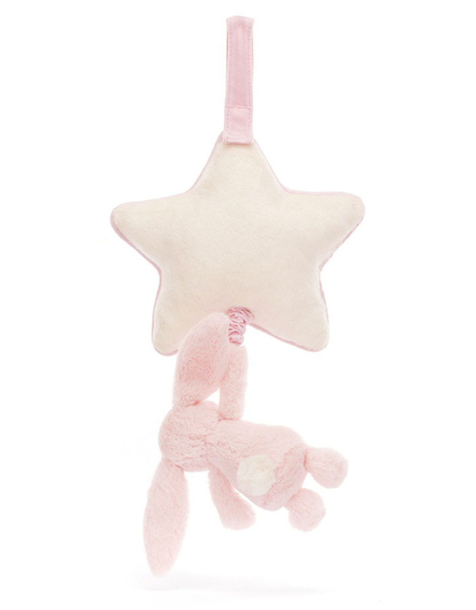 A plush toy featuring a baby pink bunny attached to a cream star-shaped musical pull.