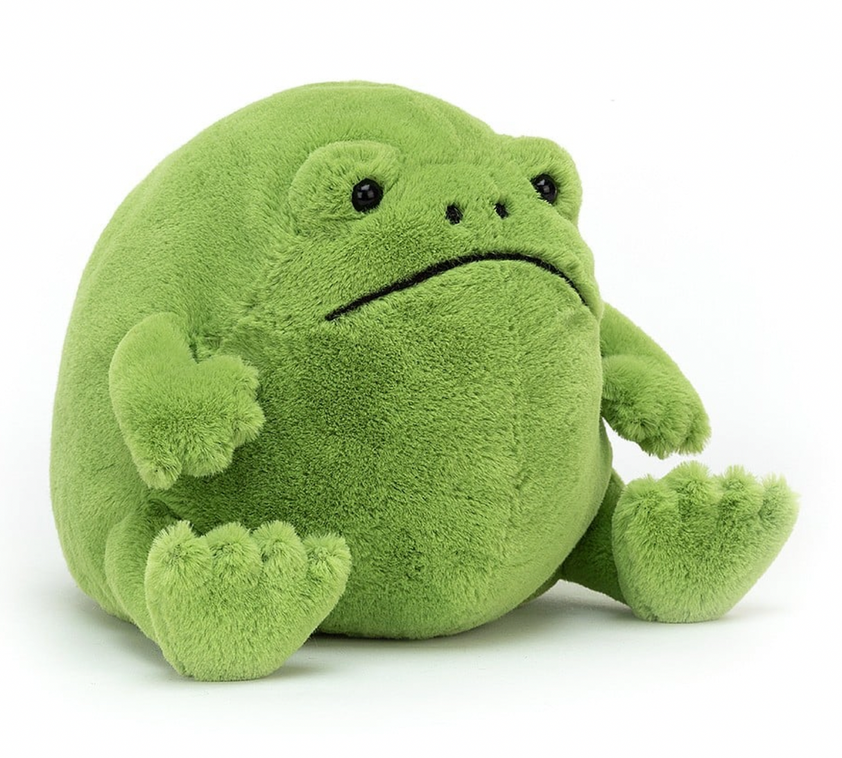 A plush green frog toy with a sad expression, named Jellycat Ricky Rain Frog.