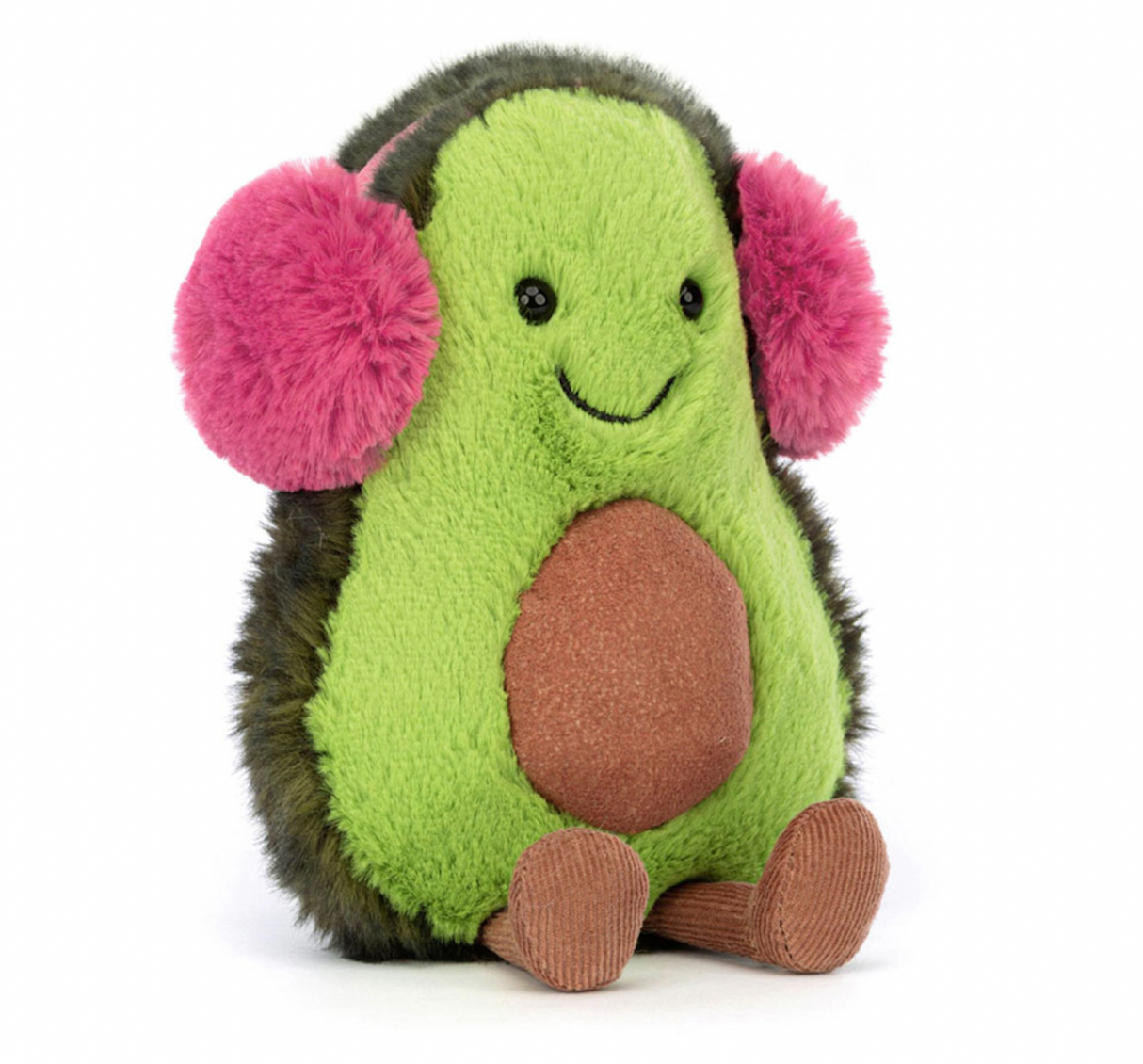 A plush toy resembling an avocado with a smiling face, wearing pink ear muffs, and brown cord boots.
