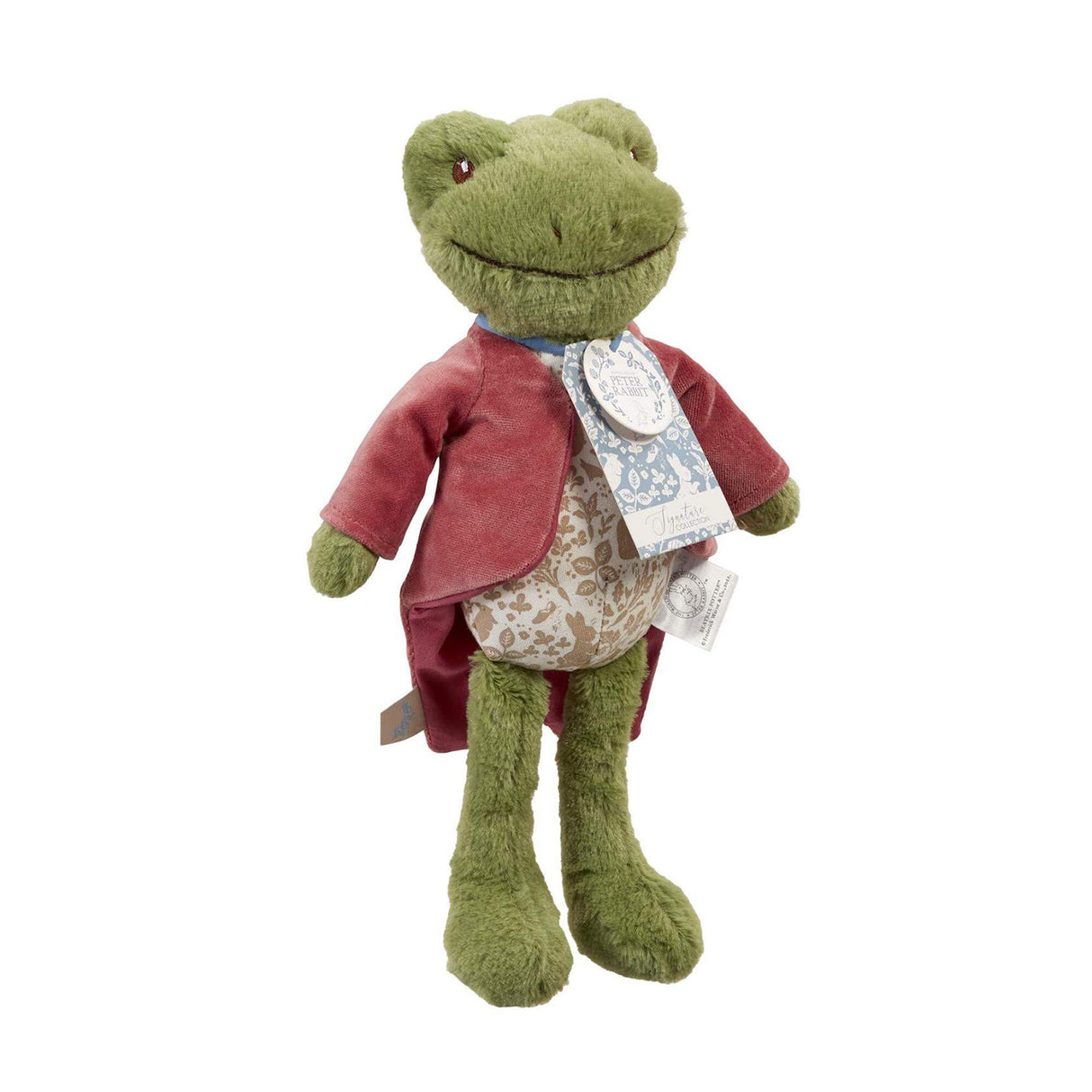 Plush Jeremy Fisher frog toy wearing a red velvet coat with a white label on a white background