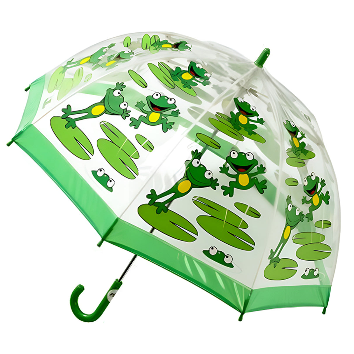 Transparent children's umbrella with green frog design on a white background