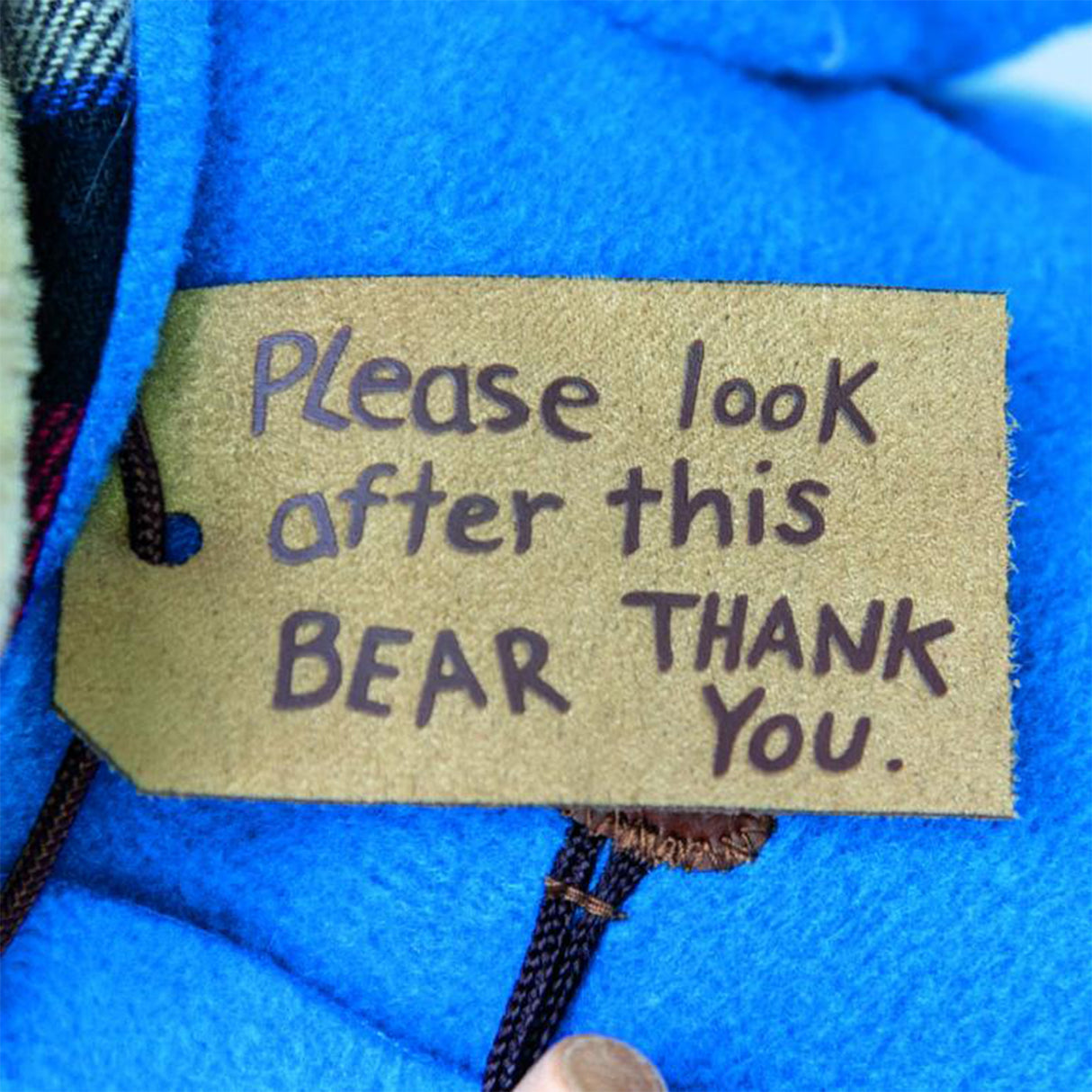 Label on a blue fabric background with text 'Please look after this BEAR THANK YOU'.