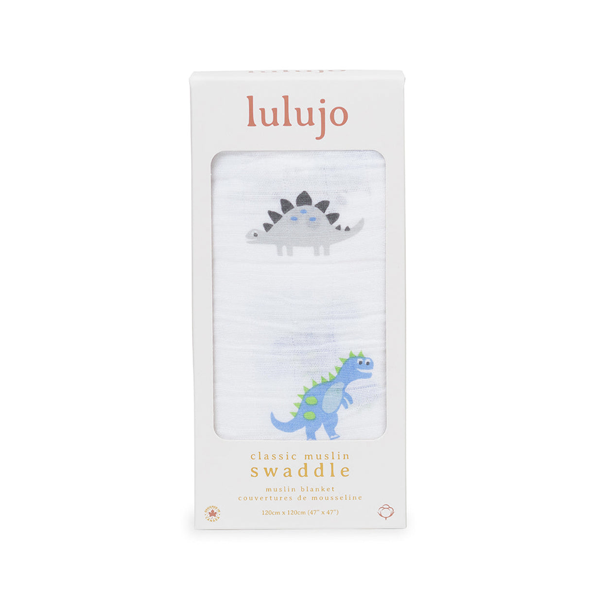 Lulujo 100% cotton swaddle blanket packaging with dinosaur design
