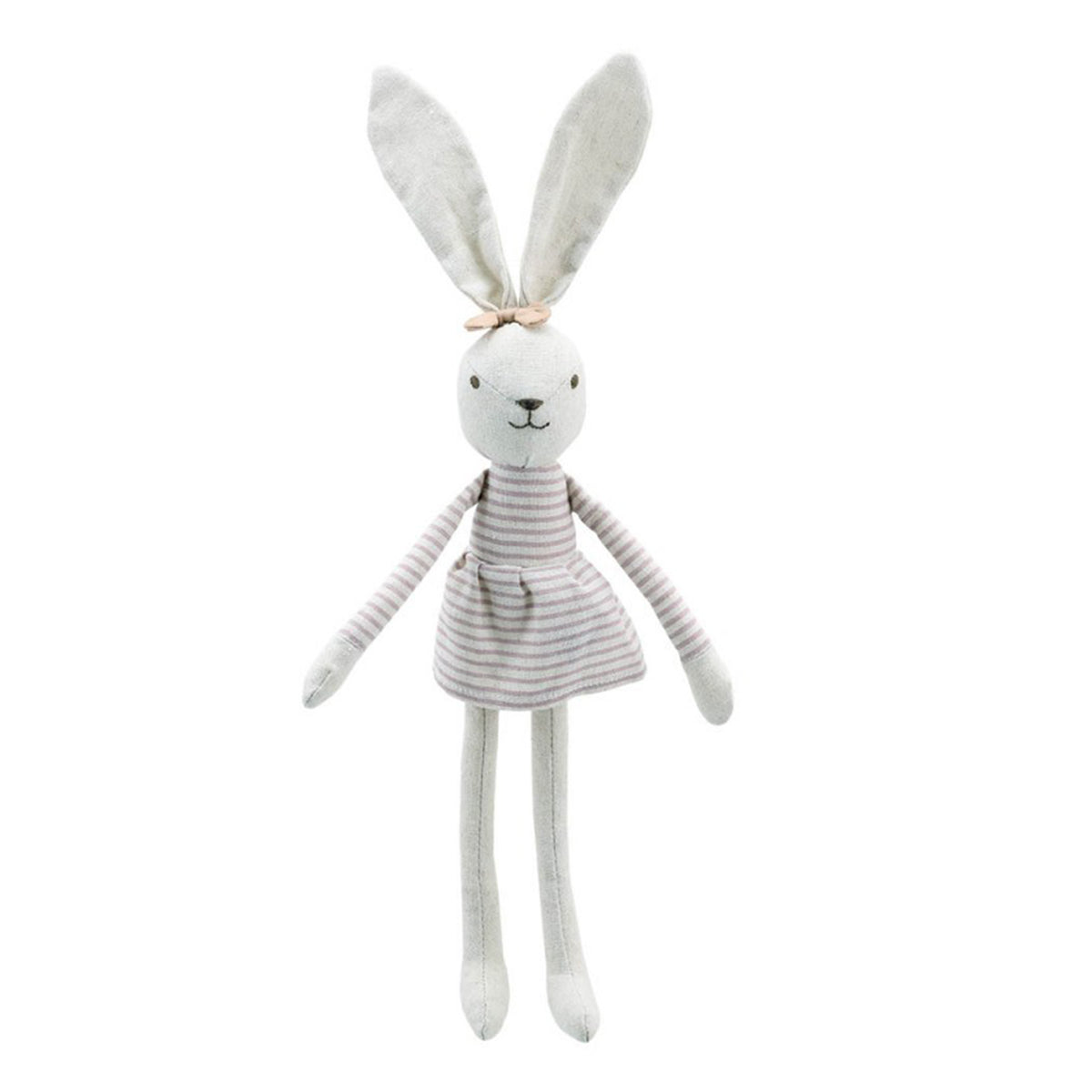 A white linen bunny doll with long ears, a striped dress, and a small bow on its head, photographed against a plain white background.