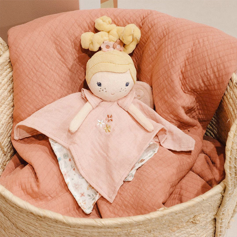 Little Duth Plush toy fairy doll  cuddle cloth with pink floral design in basket