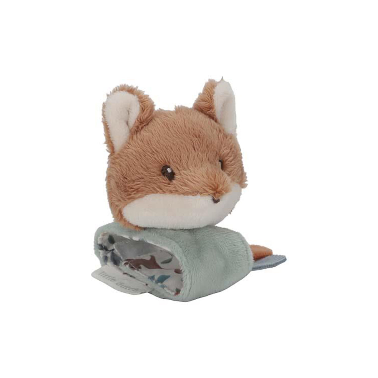 Soft fox wrist strap baby toy with a sage green band on a white background