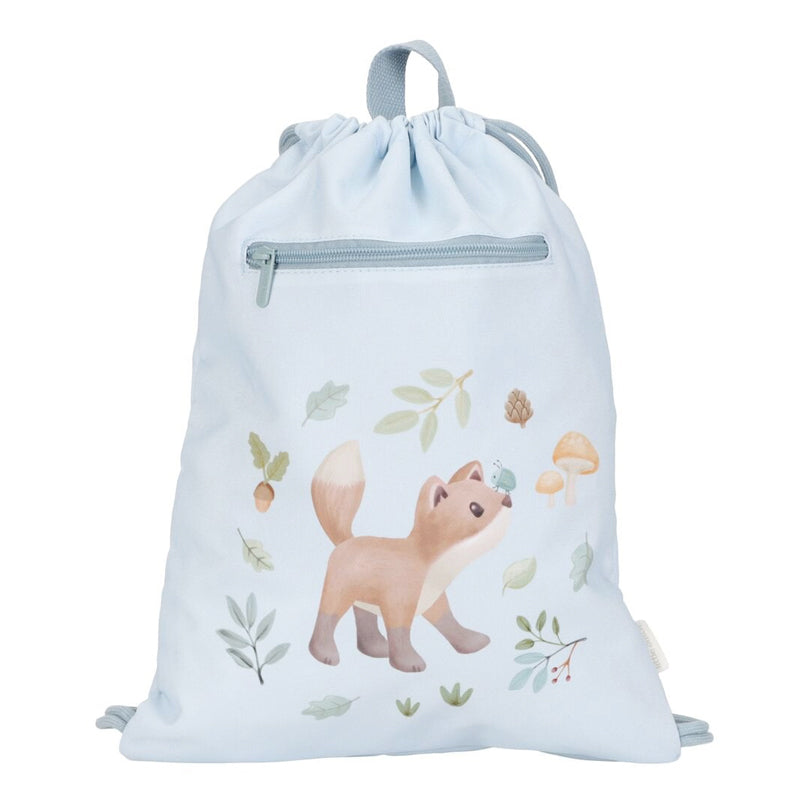 Little Dutch Light blue drawstring gym bag with a fox and nature-themed design